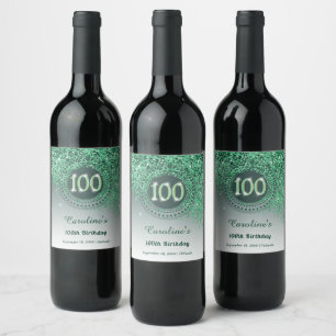 Stylish Falling Green Glitter 100th Birthday Wine Label
