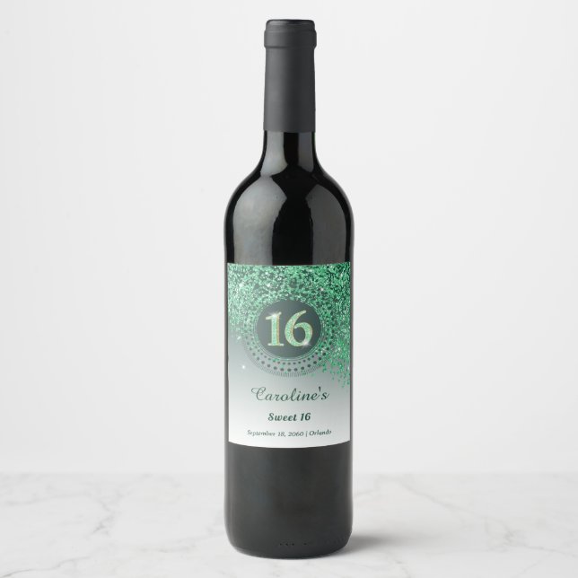 Stylish Falling Green Glitter 16th Birthday Wine Label (Front)