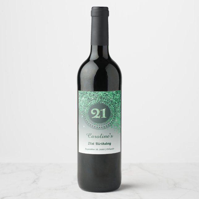 Stylish Falling Green Glitter 21st Birthday Wine Label (Front)
