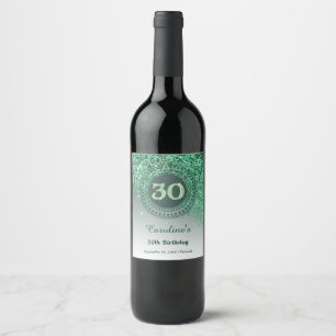 Stylish Falling Green Glitter 30th Birthday Wine Label