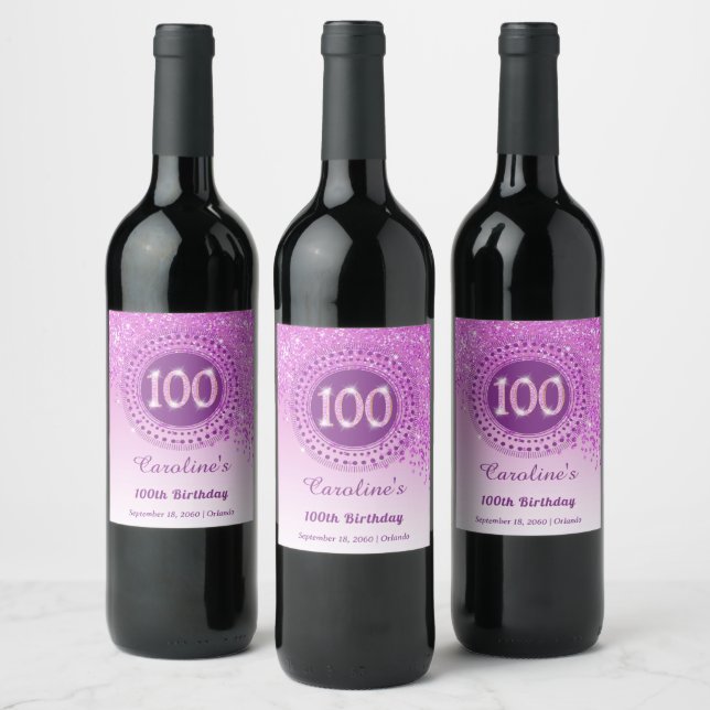 Stylish Falling Pink Glitter 100th Birthday Wine Label (Bottles)
