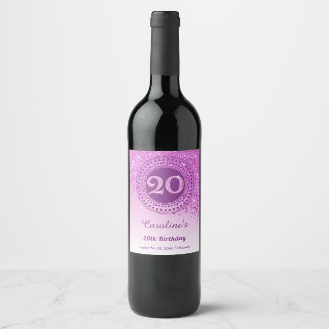 Stylish Falling Pink Glitter 20th Birthday Wine Label (Front)