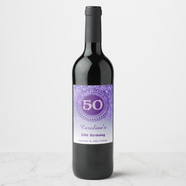 Stylish Falling Purple Glitter 50th Birthday Wine Label (Front)