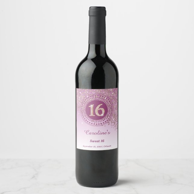 Stylish Falling Rose Gold Glitter 16th Birthday Wine Label (Front)