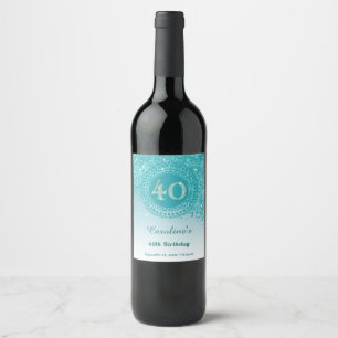 Stylish Falling Teal Blue Glitter 40th Birthday Wine Label