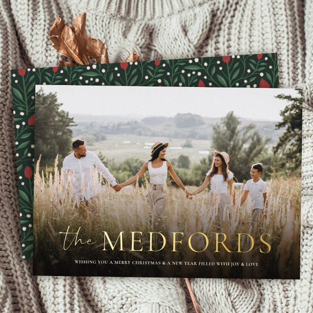 Stylish Family Name Elegant Floral Back Christmas Foil Holiday Card (Creator Uploaded)