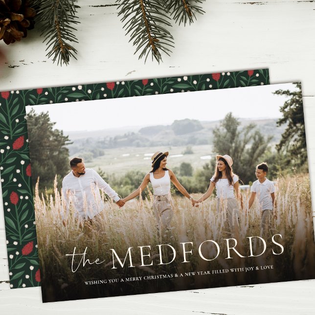 Stylish Family Name Elegant Floral Back Christmas Holiday Card (Creator Uploaded)