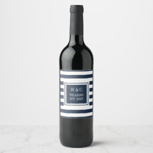 Stylish Family Name Monogram Navy Blue Stripe Wine Label