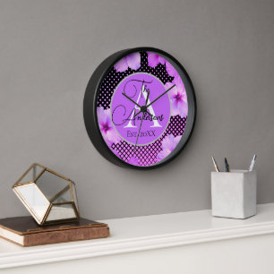 Stylish Family Name Pink Hibiscus Clock