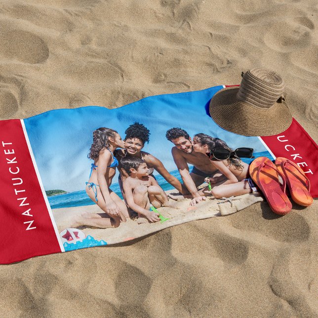 Stylish Family Photo Nautical Seaside Ocean Red Beach Towel (Whether you're hitting the beach, pool, or planning a picnic, this towel will make a splash!)