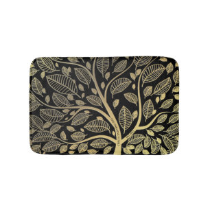 Stylish Family Tree Black Gold Leaves Bath Mat