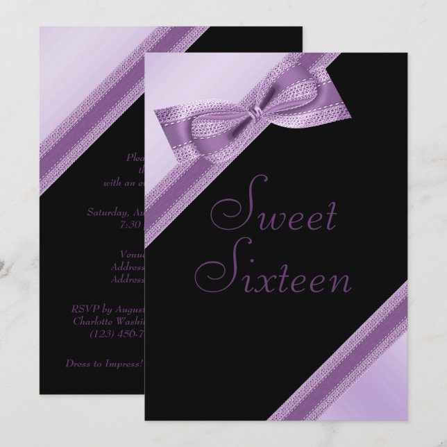 Stylish Faux Bow & Ribbon Sweet 16 Birthday Invitation (Front/Back)