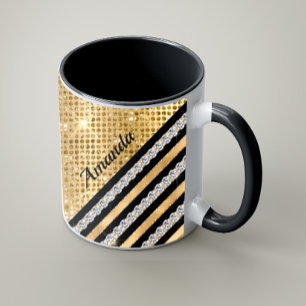 Stylish faux Crystal and Gold glitter Personalised Coffee Mug