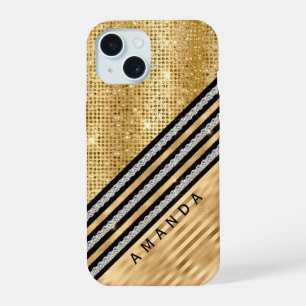 Stylish faux Crystal and Gold glitter Personalised iPhone 15 Case