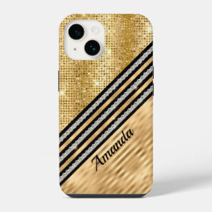 Stylish faux Crystal and Gold glitter Personalised iPhone 14 Case