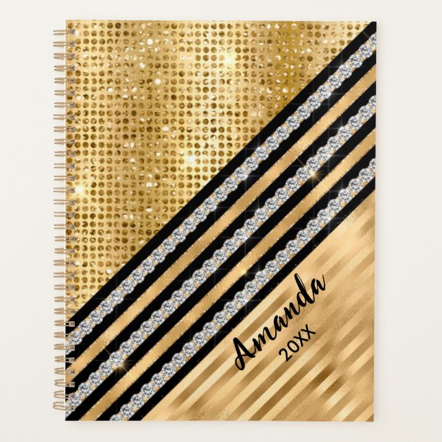 Stylish faux Crystal and Gold glitter Personalised Planner (Front)