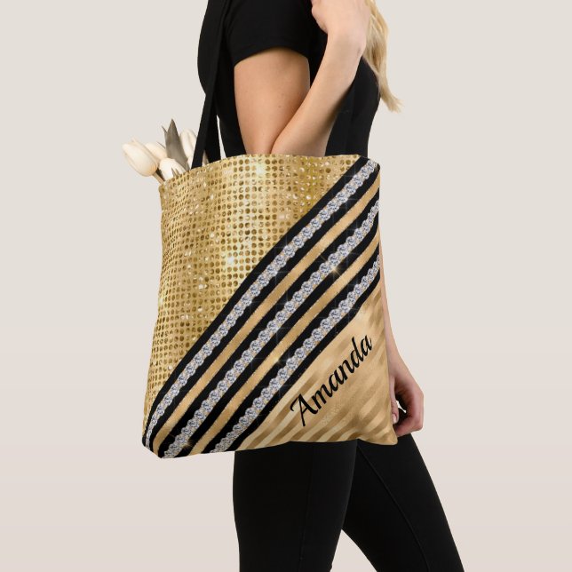 Stylish faux Crystal and Gold glitter Personalised Tote Bag (Close Up)