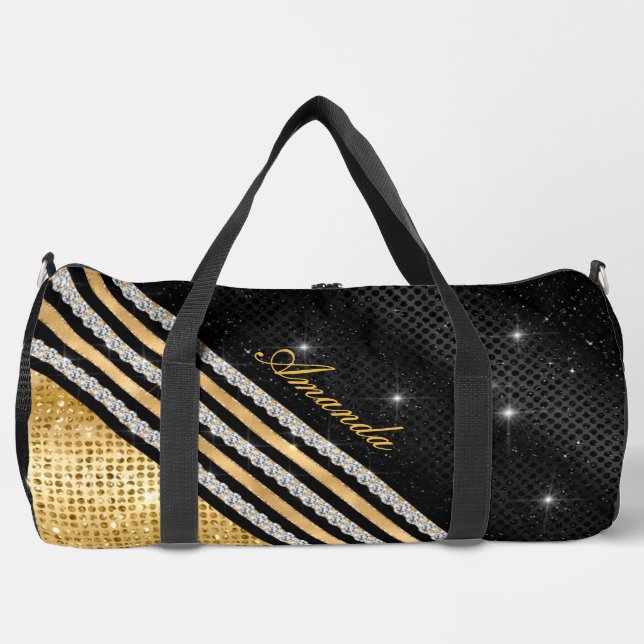 Stylish faux Crystal Gold And black Personalised  Duffle Bag (Front)