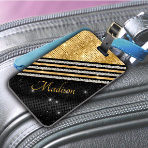 Stylish faux Crystal Gold And black Personalised Luggage Tag