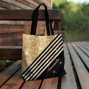 Stylish faux Crystal Gold And black Personalised Tote Bag
