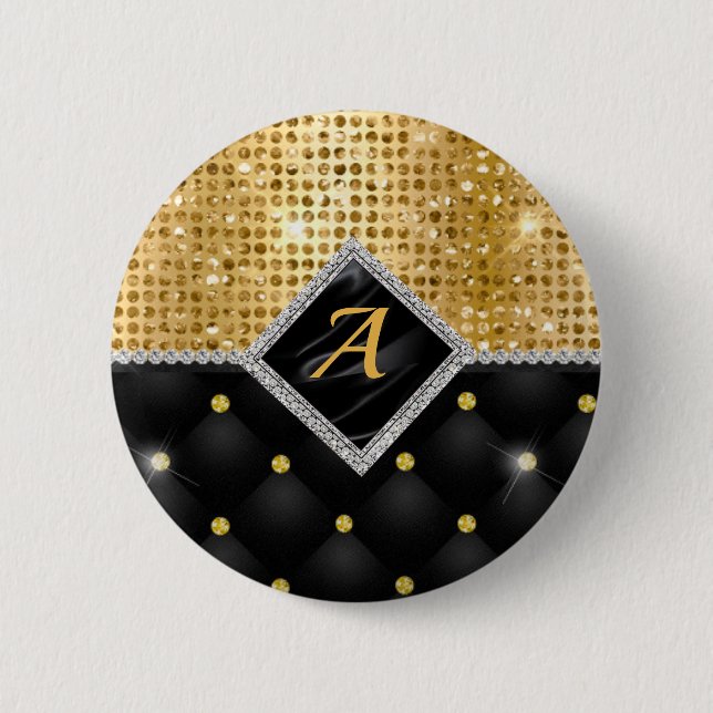 Stylish faux Crystal Gold black diamond monogram 6 Cm Round Badge (Front)