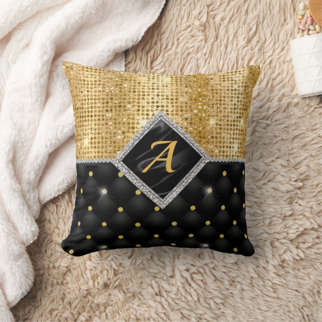 Stylish faux Crystal Gold black diamond monogram Cushion (Blanket)
