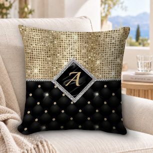 Stylish faux Crystal Gold black diamond monogram Cushion
