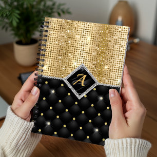 Stylish faux Crystal Gold black diamond monogram Notebook