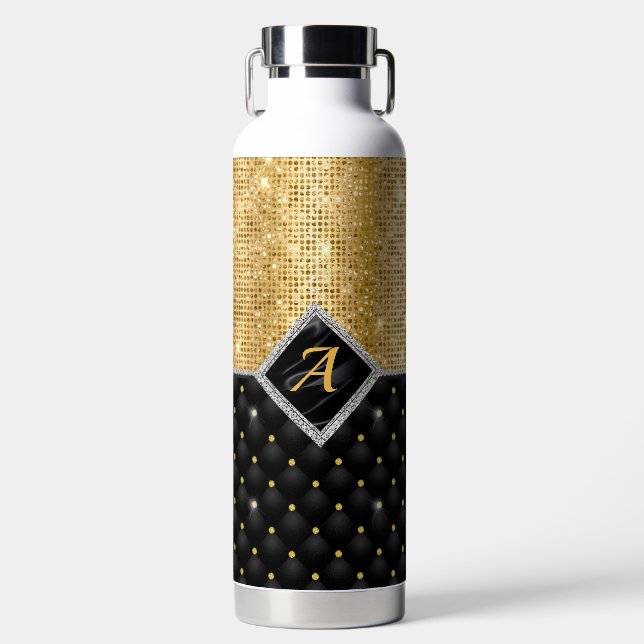 Stylish faux Crystal Gold black diamond monogram Water Bottle (Front)