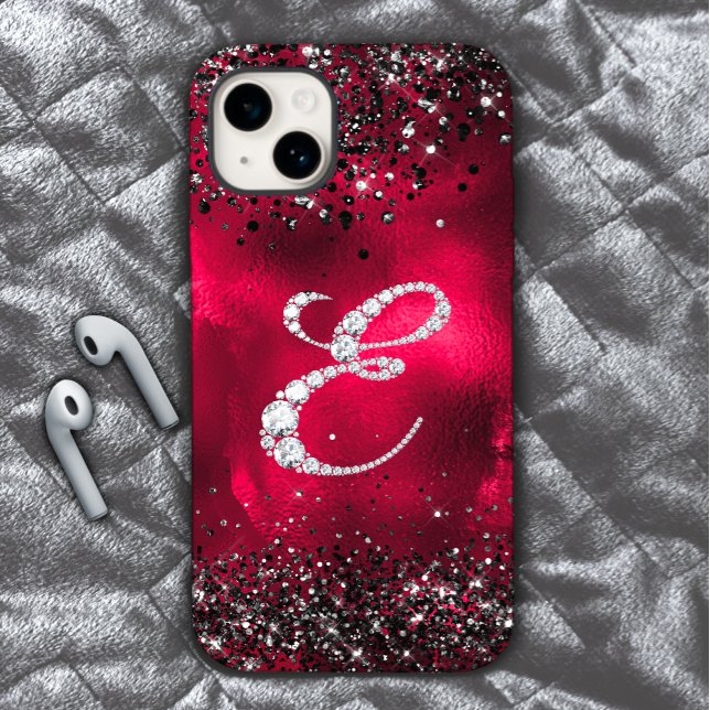 Stylish faux Crystal rhinestone letter E red black Case-Mate iPhone Case (Creator Uploaded)