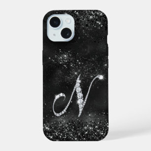 Stylish faux Crystal rhinestone letter N black iPhone 15 Case