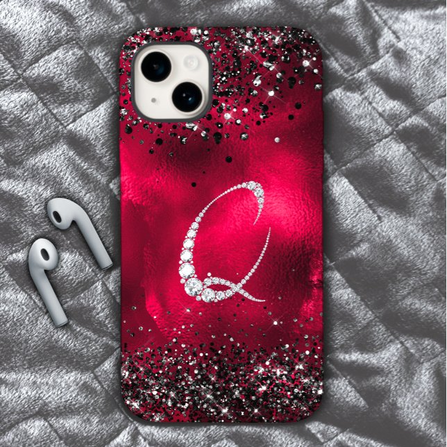 Stylish faux Crystal rhinestone letter Q red black Case-Mate iPhone Case (Creator Uploaded)