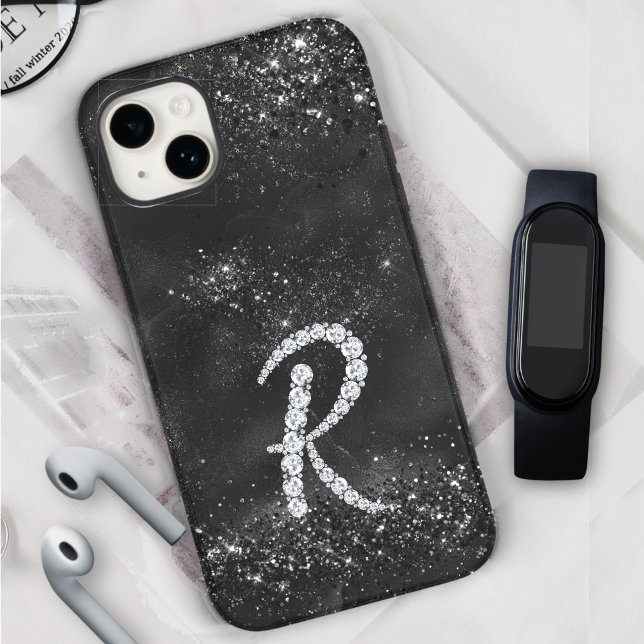 Stylish faux Crystal rhinestone letter R black Case-Mate iPhone Case (Creator Uploaded)