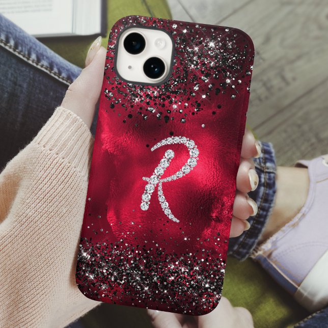 Stylish faux Crystal rhinestone letter R red black Case-Mate iPhone Case (Creator Uploaded)