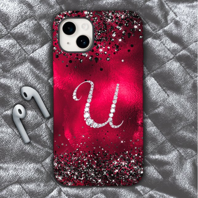 Stylish faux Crystal rhinestone letter U red black Case-Mate iPhone Case (Creator Uploaded)