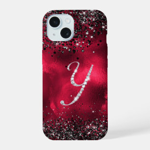 Stylish faux Crystal rhinestone letter Y red black iPhone 15 Case
