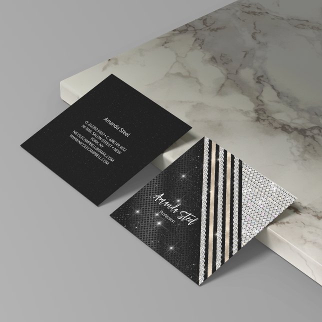 Stylish faux Crystal silver And black Personalised Square Business Card (Creator Uploaded)