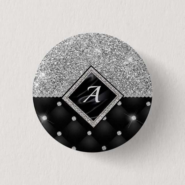 Stylish faux Crystal Silver black diamond monogram 3 Cm Round Badge (Front)