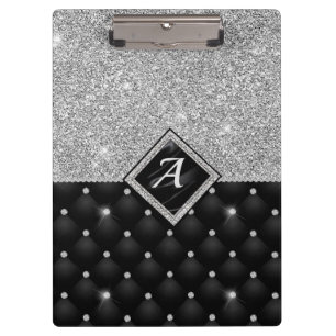 Stylish faux Crystal Silver black diamond monogram Clipboard