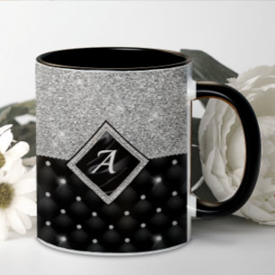 Stylish faux Crystal Silver black diamond monogram Coffee Mug