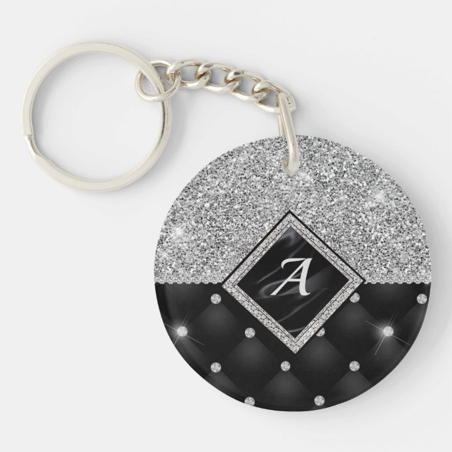 Stylish faux Crystal Silver black diamond monogram Key Ring (Front)