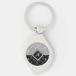 Stylish faux Crystal Silver black diamond monogram Key Ring