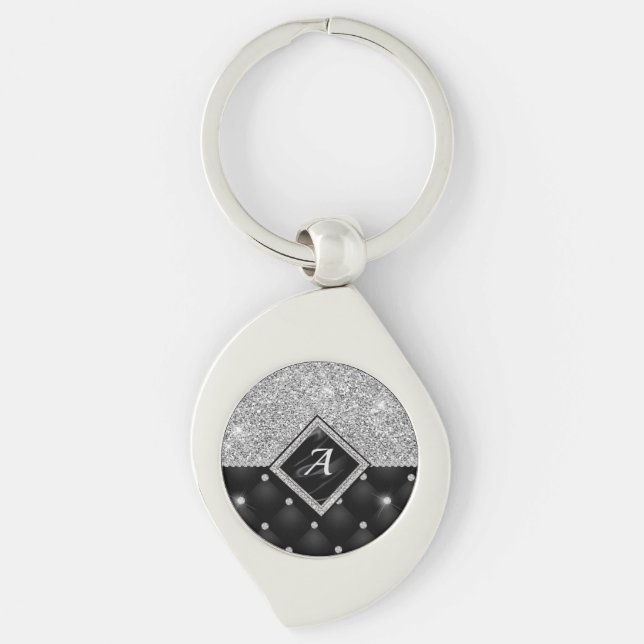 Stylish faux Crystal Silver black diamond monogram Key Ring (Front)