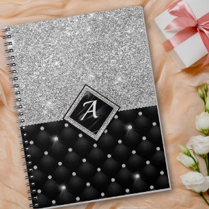 Stylish faux Crystal Silver black diamond monogram Notebook