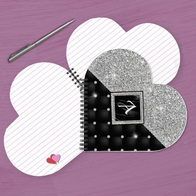 Stylish faux Crystal Silver black diamond monogram Notebook (Creator Uploaded)