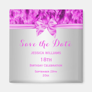 Stylish Faux Fur & Pink Bow Birthday Save The Date Magnet