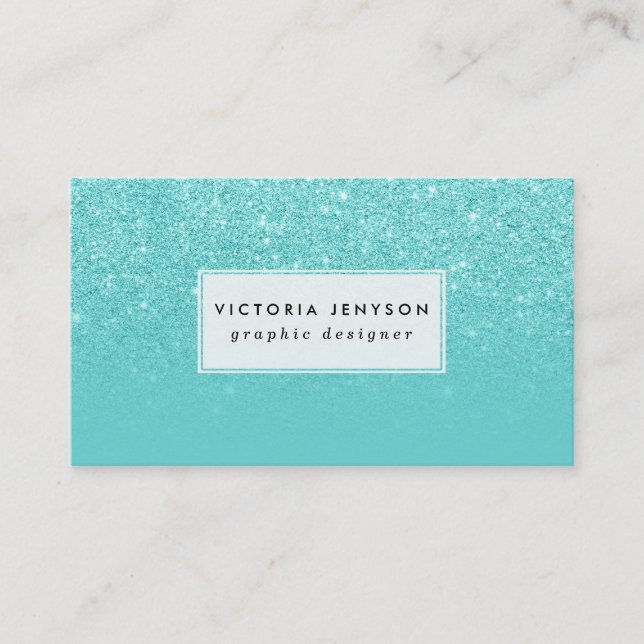 Stylish faux glitter ombre teal block custom business card (Front)