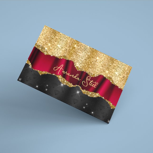 Stylish faux Glitter Red Gold black monogram  Busi Magnetic Business Card (Creator Uploaded)