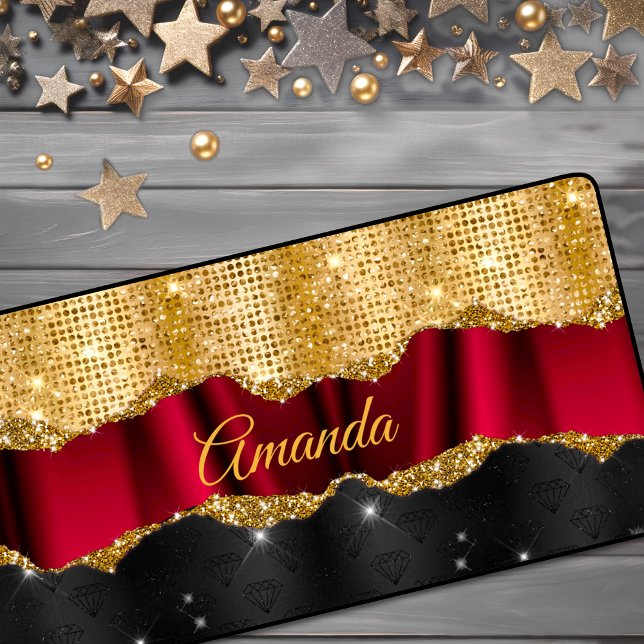 Stylish faux Glitter Red Gold black monogram Desk Mat (Creator Uploaded)