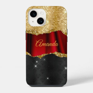 Stylish faux Glitter Red Gold black monogram iPhone 14 Case